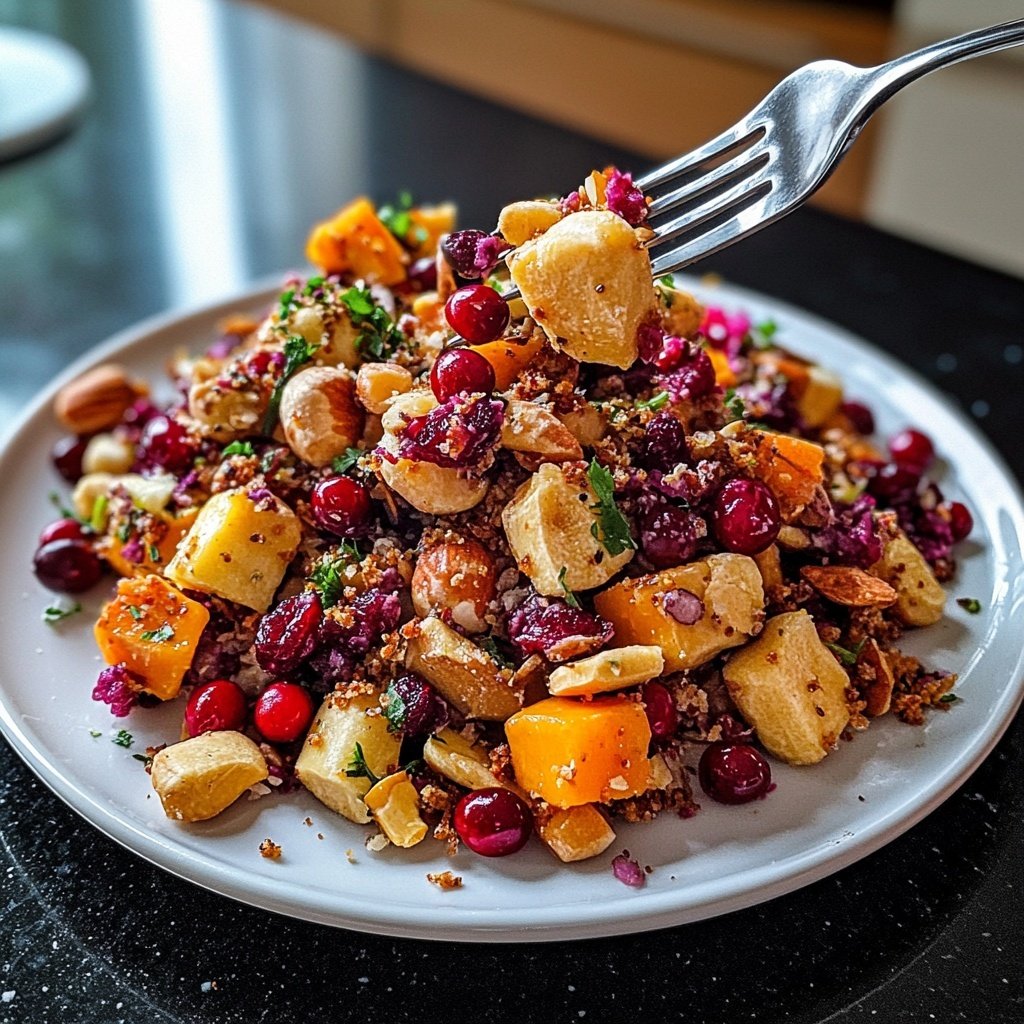 Wintersalat mit Butternutkürbis Rosenkohl Cranberries Pekannüssen und Roter Bete